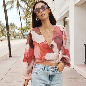 Express Conscious Edit Printed Faux Wrap Cropped Tie Waist Top